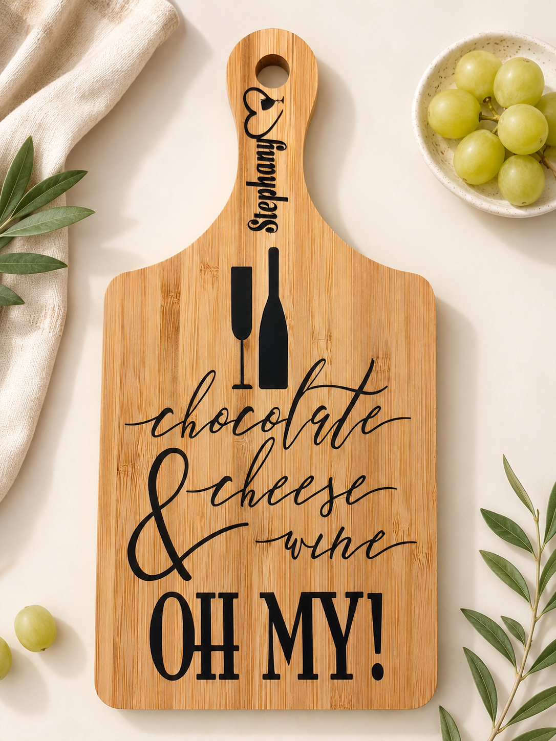 Personalized engraved chocolate, cheese and wine serving board